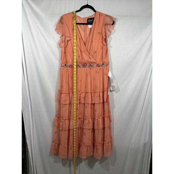 NWT Mac Duggal [ 12 ] Floral Print Ruffle Tiered Faux Wrap Dress Apricot G1693‎ - Picture 6 of 15